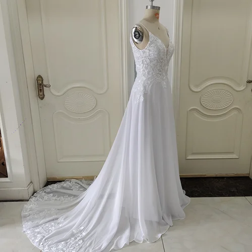 Imagen 2 del producto Vestidos de novia de gasa personalizados ZJ6032 para mujer, novedad de verano 2025, vestidos de novia sin mangas con encaje, nuevo tren de corte