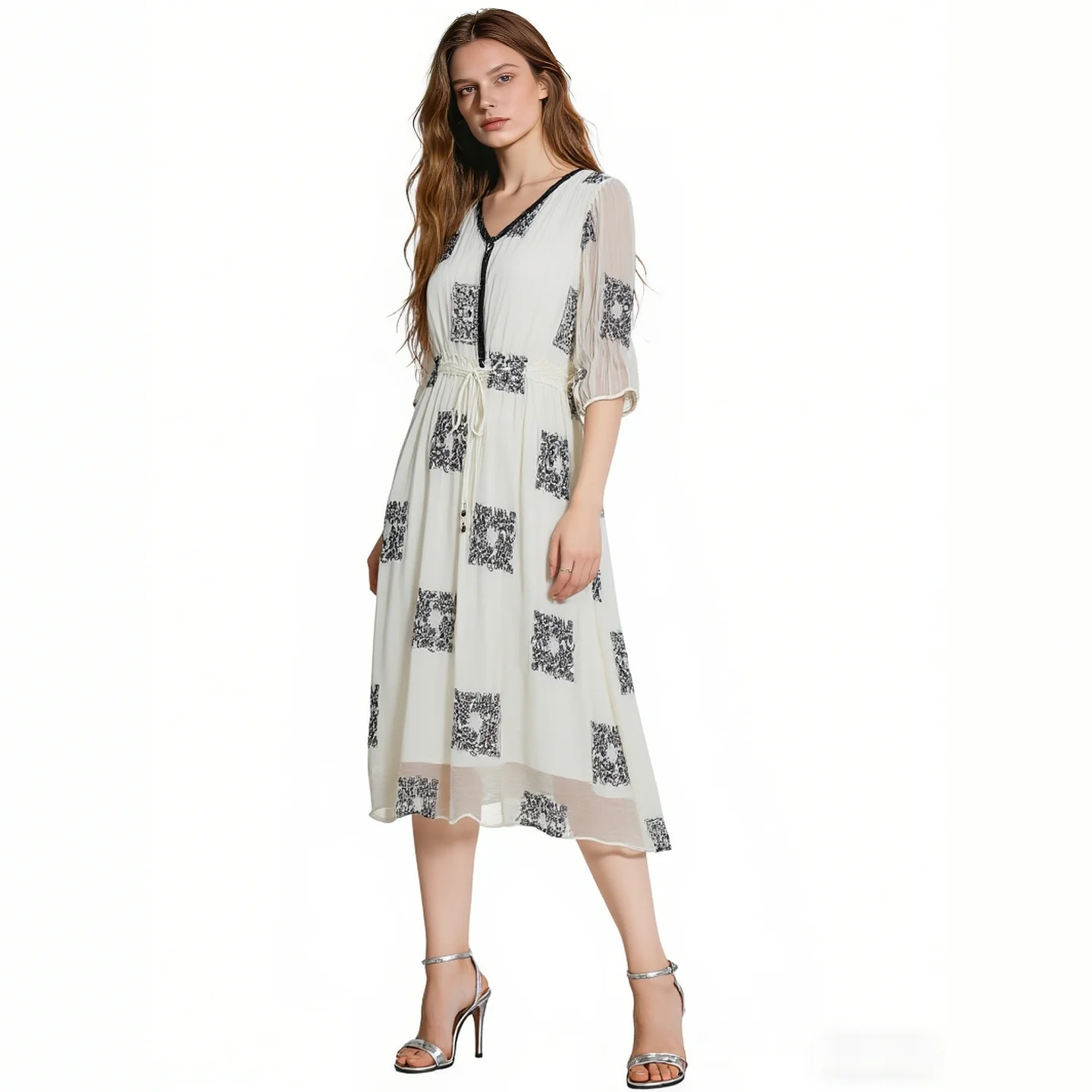 

Весеннее женское платье миди из шифона с геометрической вышивкой, V-образным вырезом, пышными рукавами и завязками на талии, повседневное, бежевое, коллекция 2026