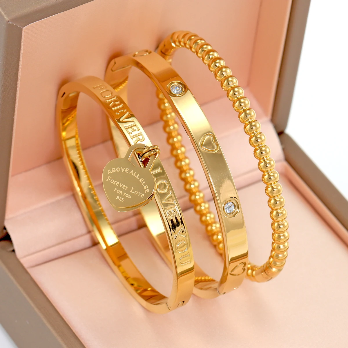 Stainless Steel Stackable Love Heart Bracelet Jewelry Sets, for Women\'s Daily Wear, Gift to Girlfriends, Birthday Gifts