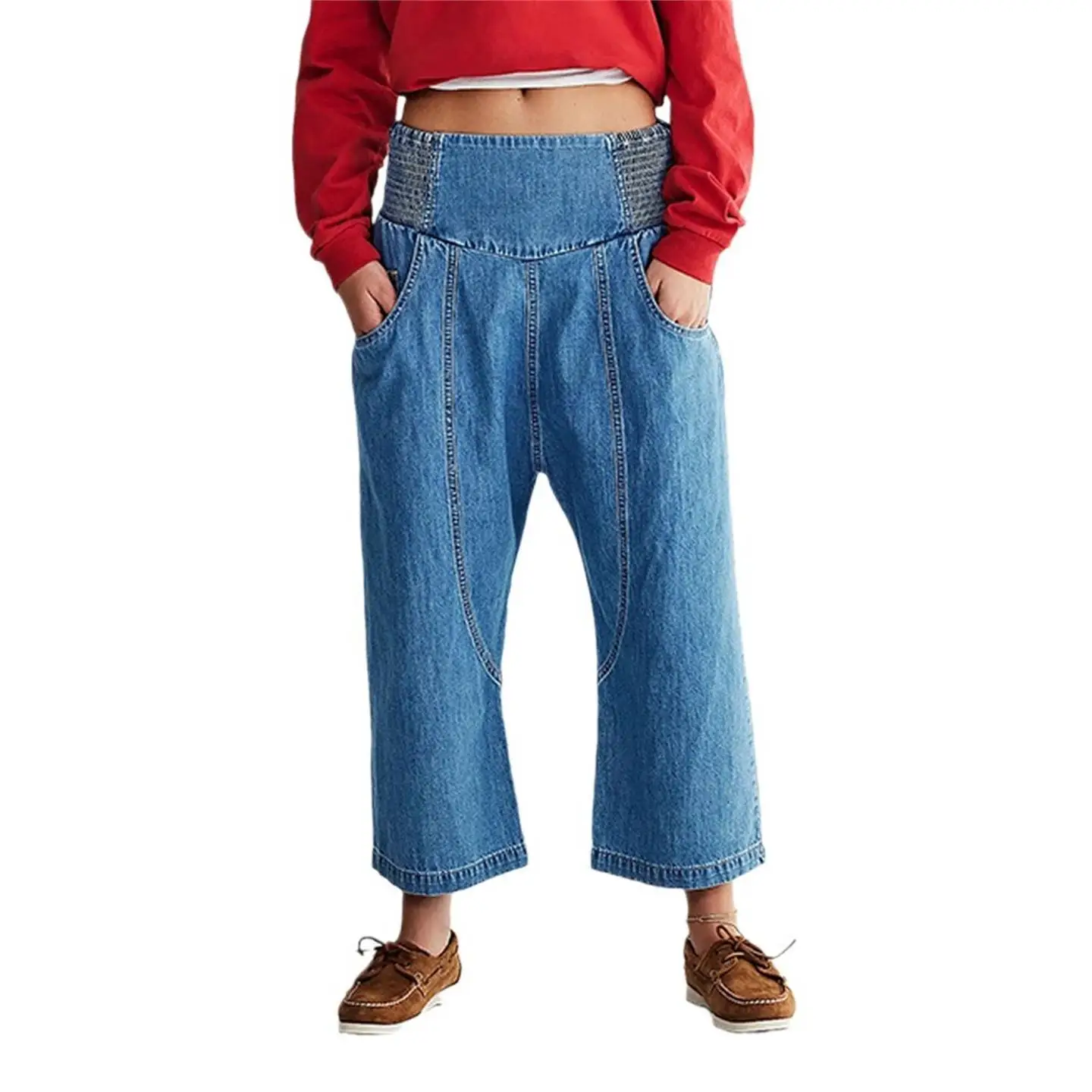 Jeans Harlan a gamba dritta da donna a vita media a nove punte in denim blu casual europeo Sle per adulti taglie forti Elastici medie