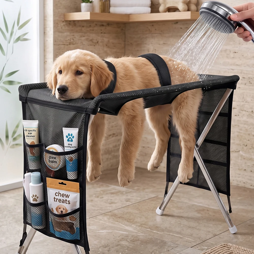 Atmungsaktive Hunde-Badehängematte, Welpen-Bade-Ständer, faltbarer Haustier-Pflegetisch für Hunde und Katzen, zum Nagelschneiden, Waschen und Trocknen, für die Pflege zu Hause – Detail 2