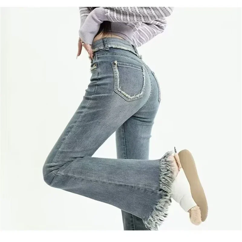 

Denim High Waist Pockets Button Basics Ankle Length Pants 2025 Women Vintage Jeans Flare Pants Solid Streetwear DenimsTrousers