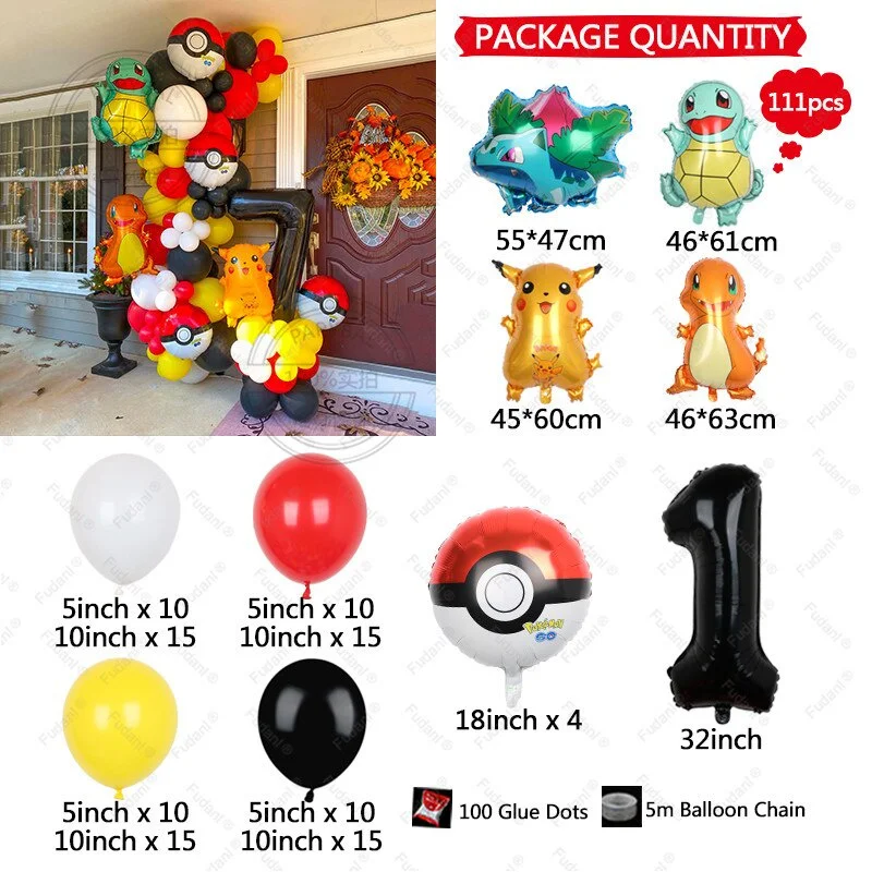 111pcs Cartoon Pikachu Theme Balloons Arch Garland Set Red Black Yellow Latex Balloons Kids Birthday Baby Shower Party Decors