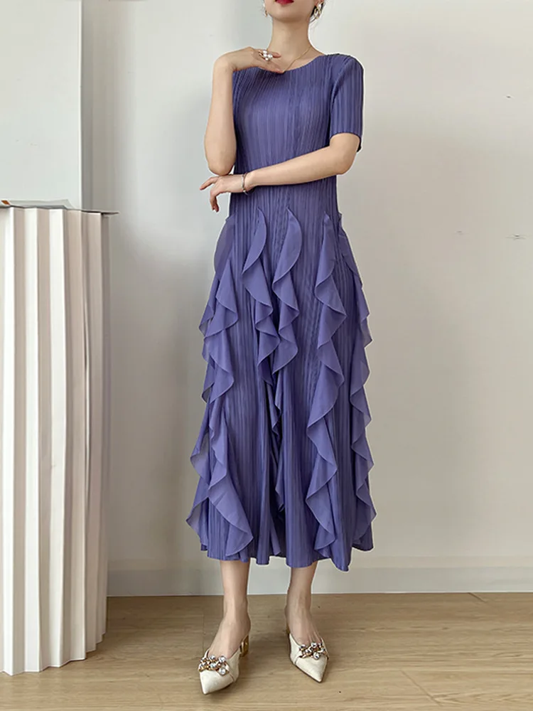 

Miyake Pleated Spring and Summer New Women's Dress Slim Solid Color Round Neck Short-sleeved Fashion Party Dress