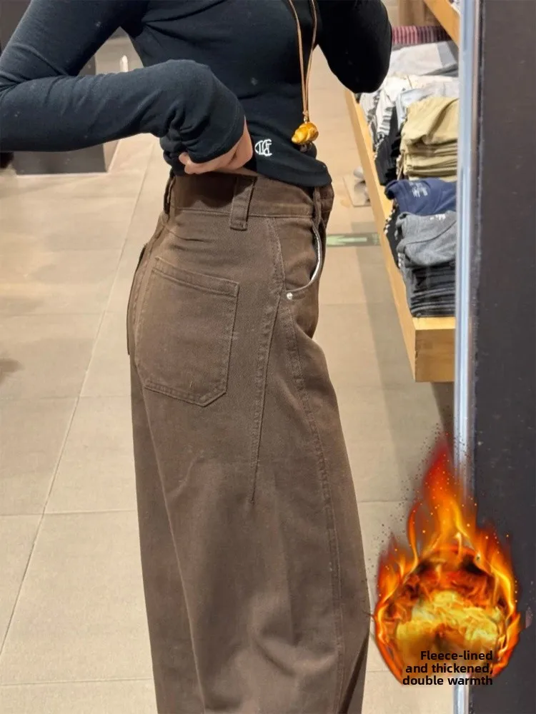 

Женские джинсы больших размеров с высокой талией, на флисовой подкладке, утепленные, прямого кроя, осенне-зимние, повседневные, комфортные, дышащие, из денима