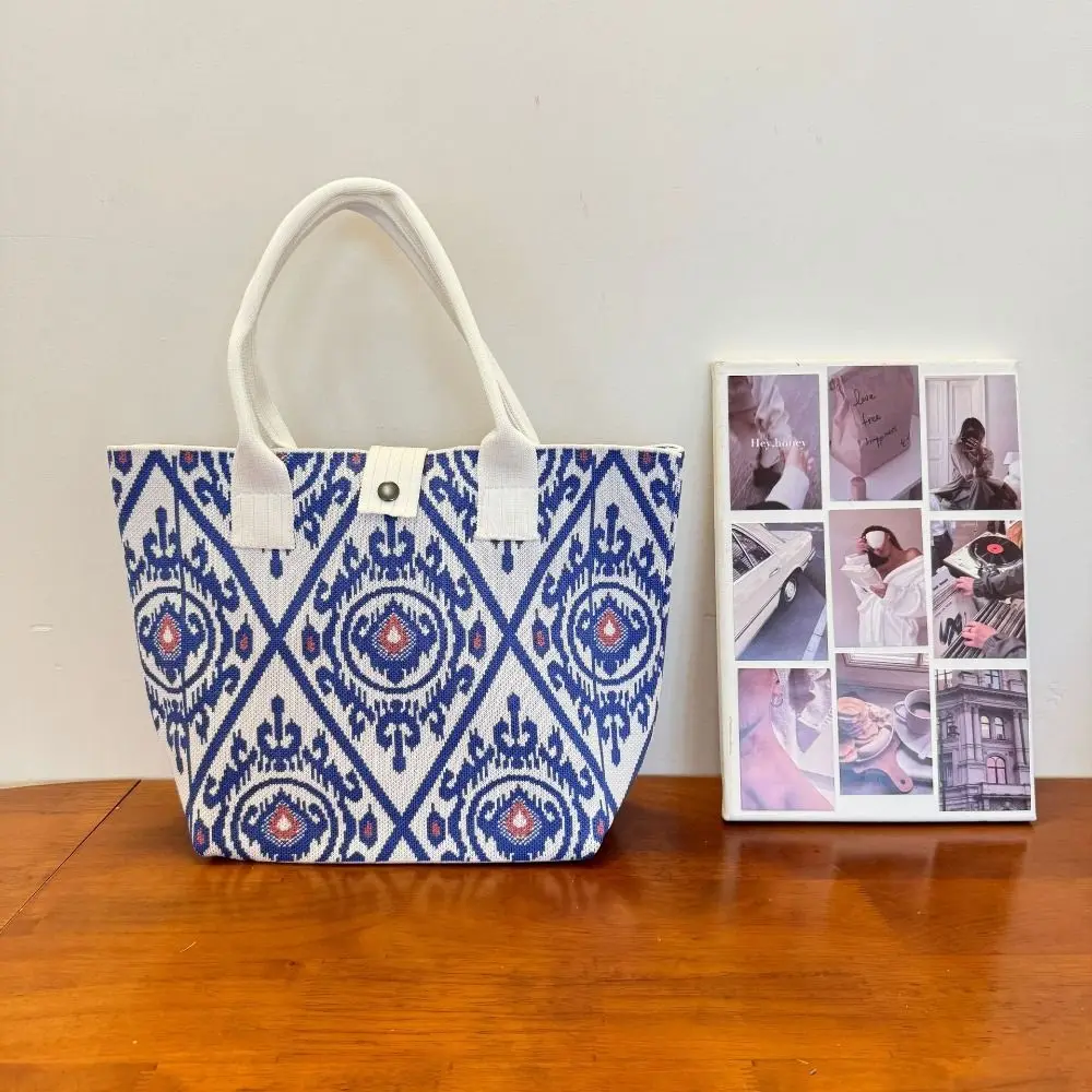 

Trendy Large Capacity Ethnic Style Knitted Bag Geometric Pattern Retro Embroidery Handbag Bohemian Colorful Tote Bag Shopping