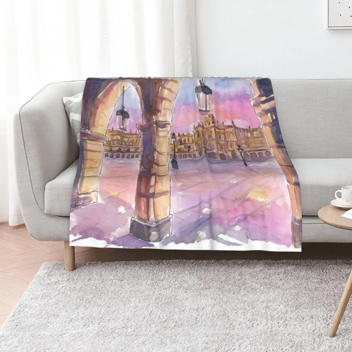 Salamanca Arcade View of Plaza Mayor at Dawn Throw Blanket Bed linens Soft Camping Soft Big Vintage Hairy Blankets