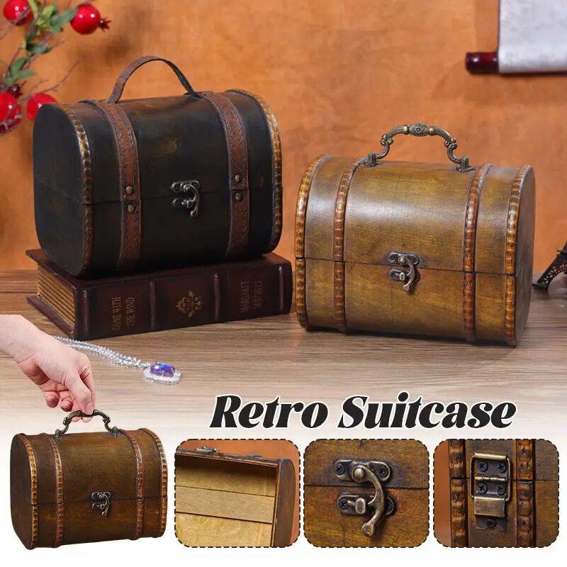 Wood Jewelry Box Storage Holder Suitcase Treasure Desktop Organizer Props Large Exquisite Container with Lock Jewelry Earrings