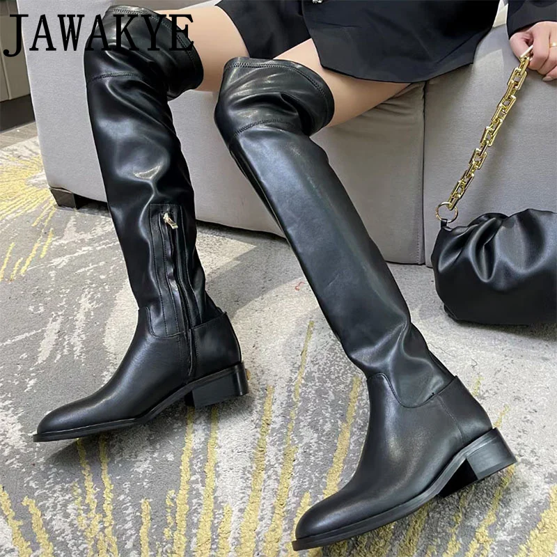 Designer Genuine Leather Thigh High boots Chunky Heel Women\'s Long Boots Runway Round Toe Suede Dress Shoes Over the knee boots