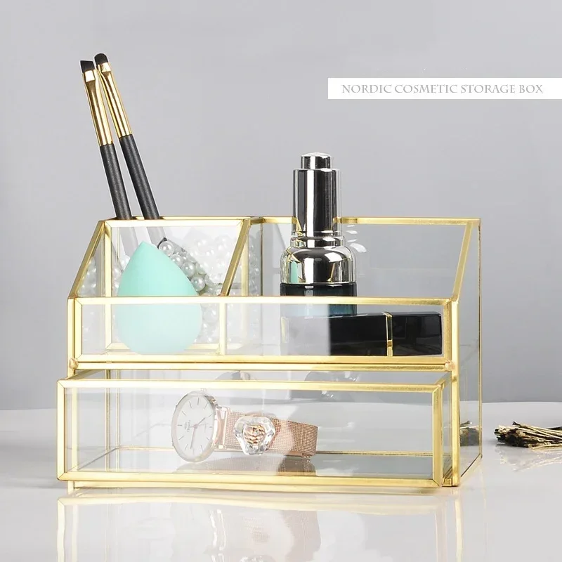 

1pc Glass Makeup Brush Storage Box, Pearl Treasure Box, Cosmetic Tube, Transparent/gold Makeup Storage Box, with Drawers