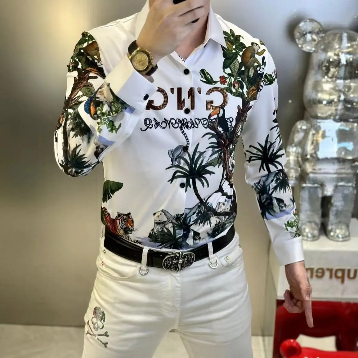 Spring Autumn Thin Long Sleeve Blouse Buttons Tops Fashion Printing Shirts Turn-down Collar Man Straight Interior Lapping Shirts