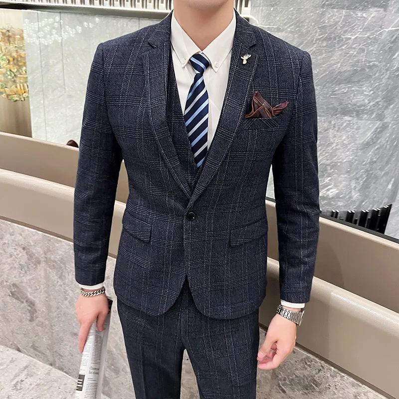 

XW515Men's plaid suits, spring and autumn Korean style slim fit business formal suits, three-piece suits for wedding dresses