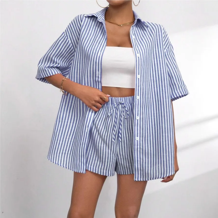 

Fashionable Summer Collar Casual Striped Short-sleeved Pants Two-piece Women's Set