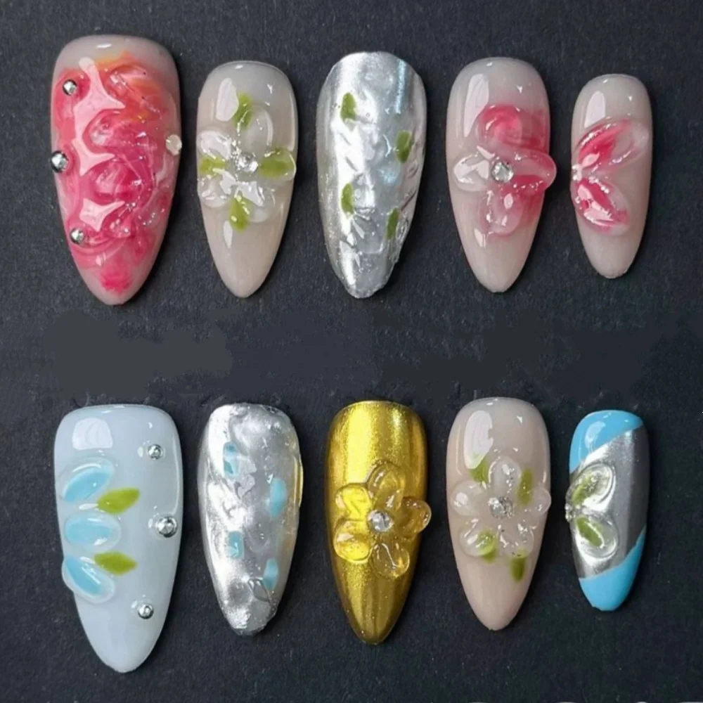 10 pièces fini à la main faux ongles Art portable rouge mi-long amande presse sur ongles conseils avec fleur conception faux ongles manucure
