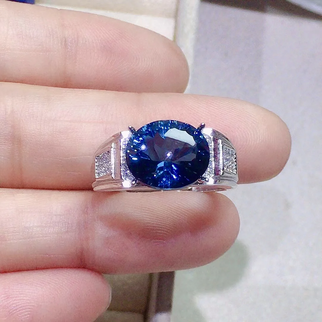 Anello con topazio uomo di lusso 10mm * 12mm 5ct anello in argento con topazio blu londra naturale per uomo 3 strati placcatura in oro 18 carati