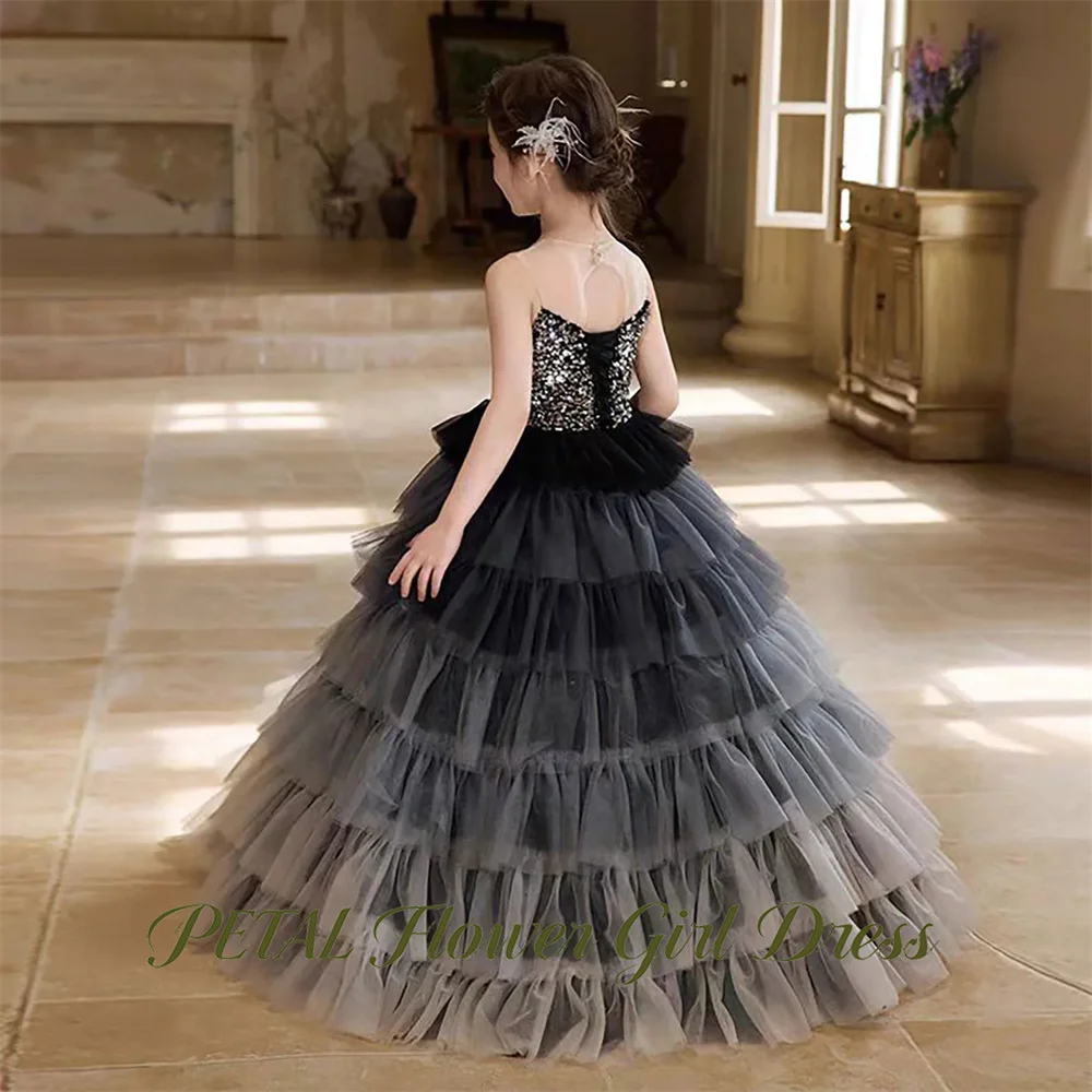 Meadow Black and Grey Gradient Kids Birthday Party Dress Scalloped Neck Pageant Dress for Girl 3D Floral First Communion Gown
