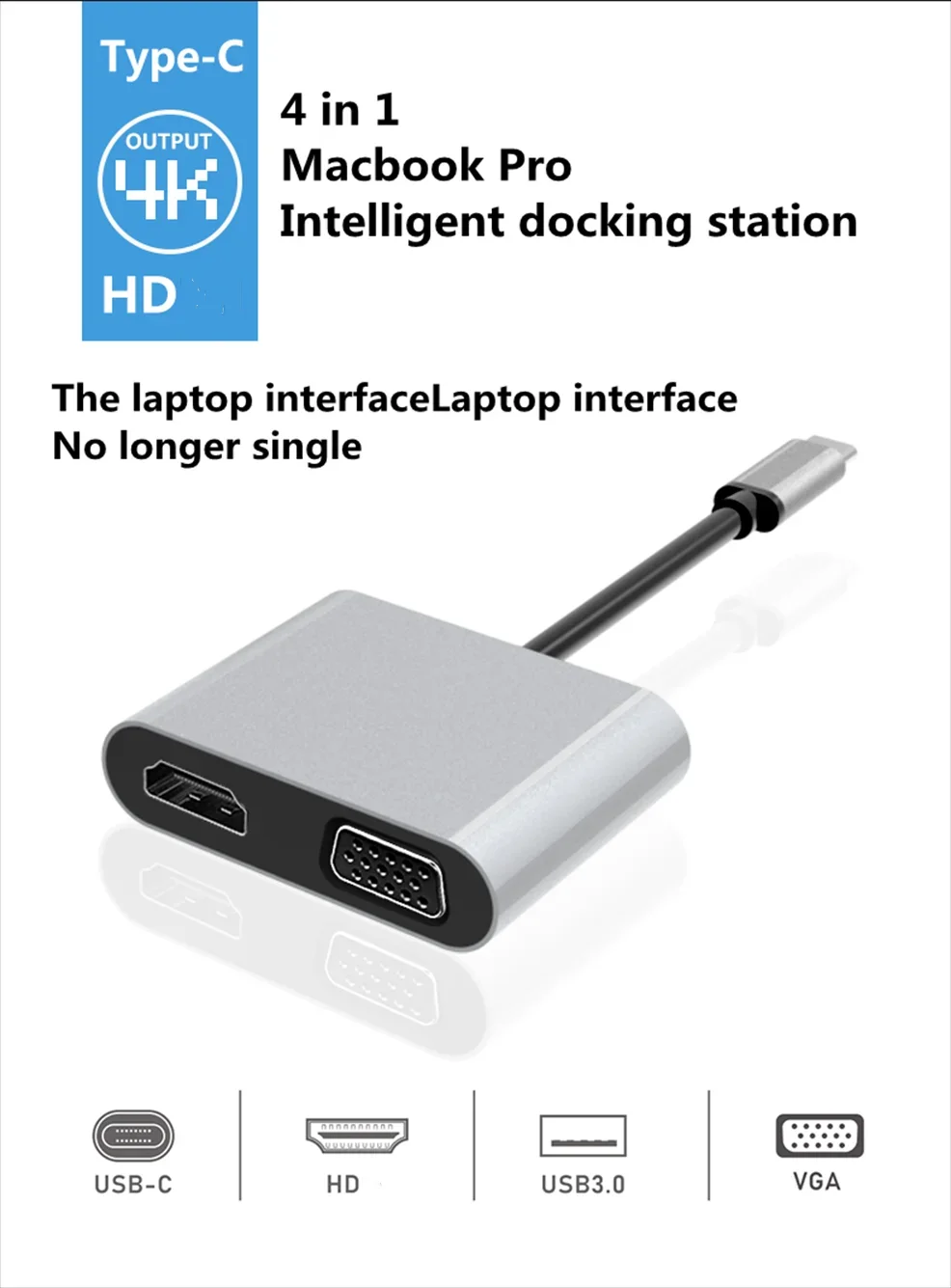 4K Type-C to HD-compatible VGA USB 3.0 Hub Adapter for MacBook Pro Air Huawei Matebook P30/P20 Lenovo/Xiaomi Notebook