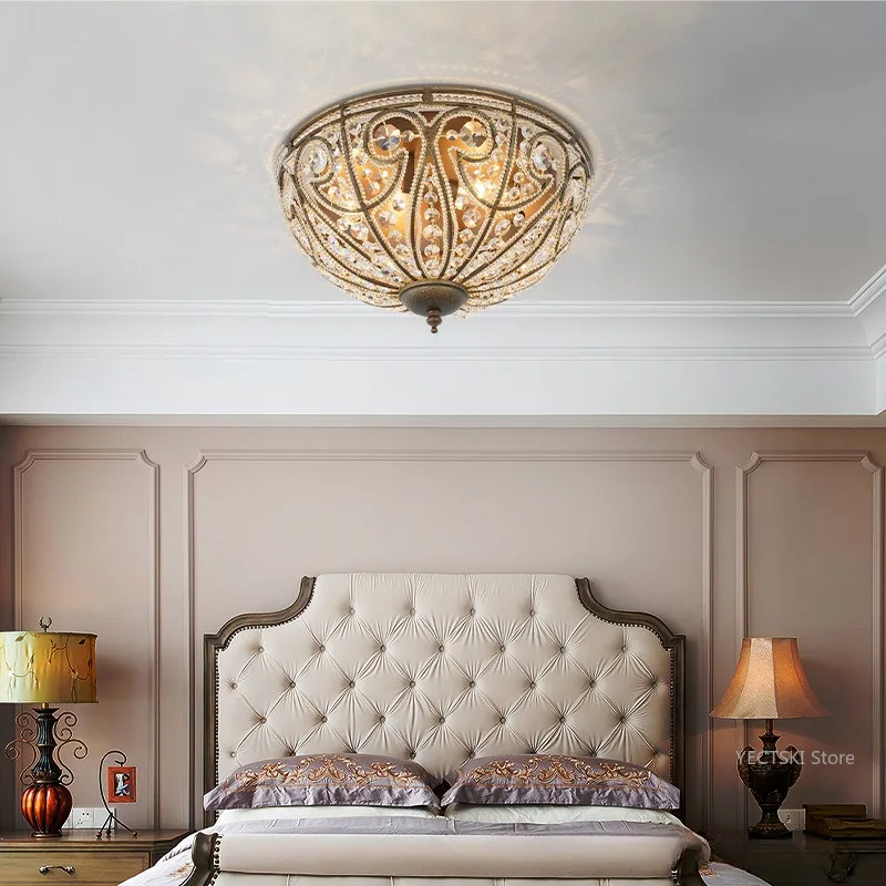 American crystal chandelier, retro wrought iron ceiling light, bedroom light, American countryside creative chandelier