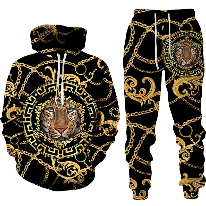 3D Luxury Golden Chain Leopard Print Men\'s Hoodie Suit Casual Unisex Sportswear Pants 2pcs Sets Fashion Hooded Sweatshirt Outfit