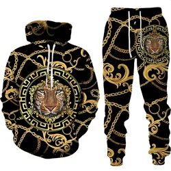 3D Luxury Golden Chain Leopard Print Men's Hoodie Suit Casual Unisex Sportswear Pants 2pcs Sets Fashion Hooded Sweatshirt Outfit