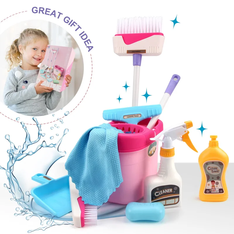 Kids Cleaning Set Housework Supplies Kit Play House Toys with Dustpan Broom Bucket Mop Cleaning Set for Girls & Boys Clean Tool