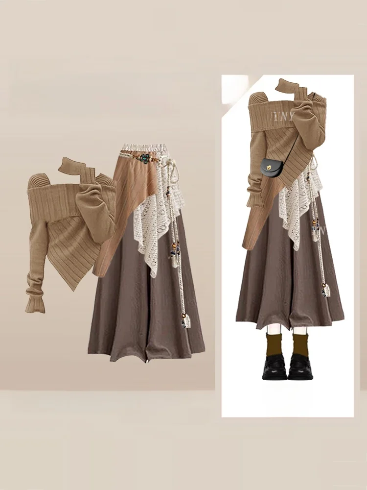 

Комплект футболок в стиле ретро, женский вязаный свитер, подвесные повседневные широкие брюки, занавеска, осенний ансамбль Faion