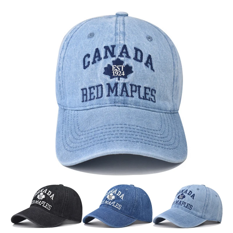 Maple leaf baseball cap Canada W-hat Korean version Sun hat Hole Spring Autumn Wash denim Woman's hat Cap Hip Hop Fitted Cap