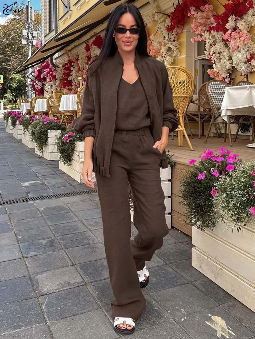 

Oymimi модный коричневый свободный комплект из 3 предметов для женщин, элегантные рубашки на молнии и топы без рукавов с v-образным вырезом + комплекты брюк с прямыми карманами