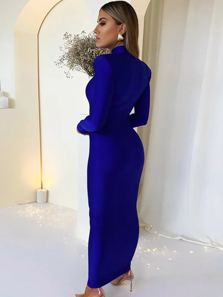 Vestido largo ajustado de manga larga con relleno de hombros para mujer, vestido largo verde para fiesta y Club, ropa elegante a la moda para primavera y otoño