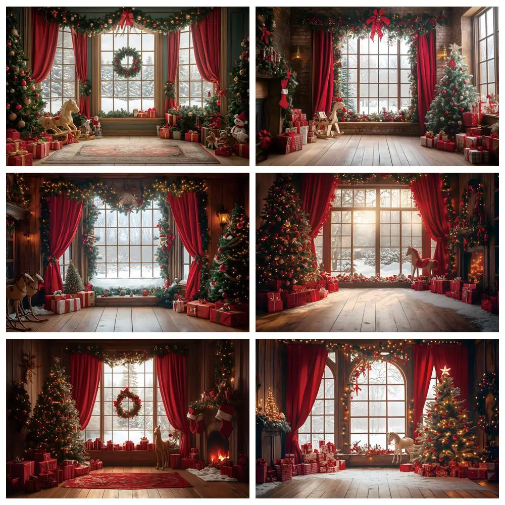 

Christmas Window Red Curtain Backdrop Xmas Tree Toys Gifts Box Baby Kids Portrait Family Christmas Party Photography Background
