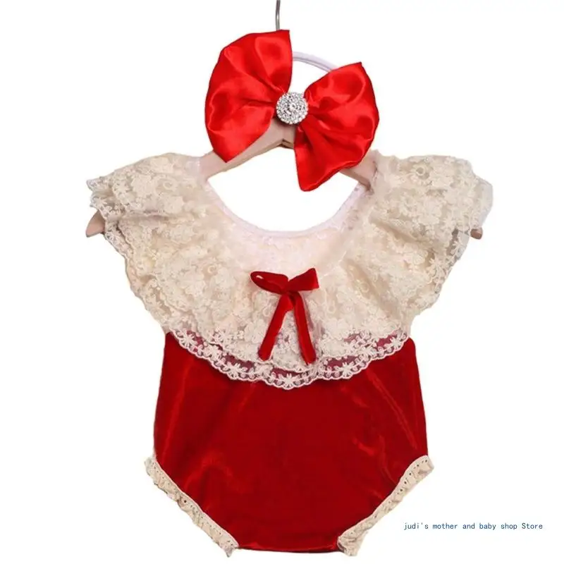 67JC Neonato Capodanno Costume rosso Copricapo Pagliaccetto senza schienale Abbigliamento fotografico per bambini