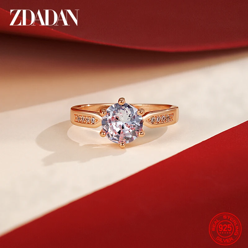 ZDADAN 925 Sterling Silver Rose Gold Hexagonal Round Zircon Rings For Women Fashion Wedding Jewelry Party Gift