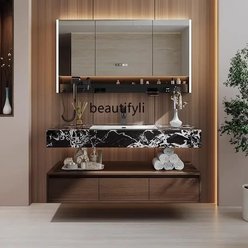 

Medieval style, black rock slab seamless ceramic integrated basin bathroom cabinet toilet bathroom