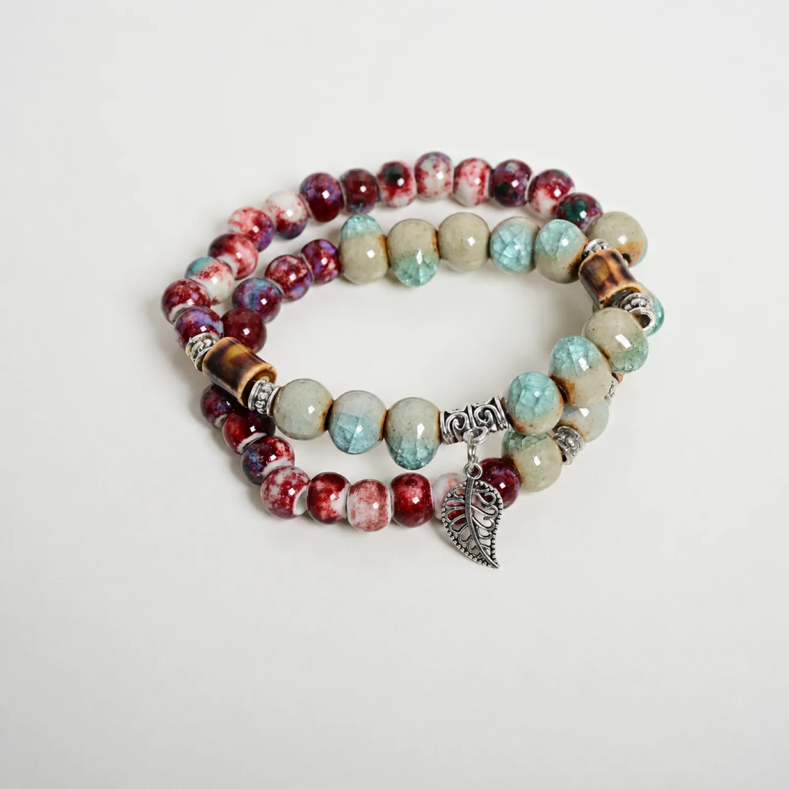 Handmade Ceramic Double Layer Bracelet with Crackle Beads Elastic Cord Braided Details Metal Findings 608P2-07