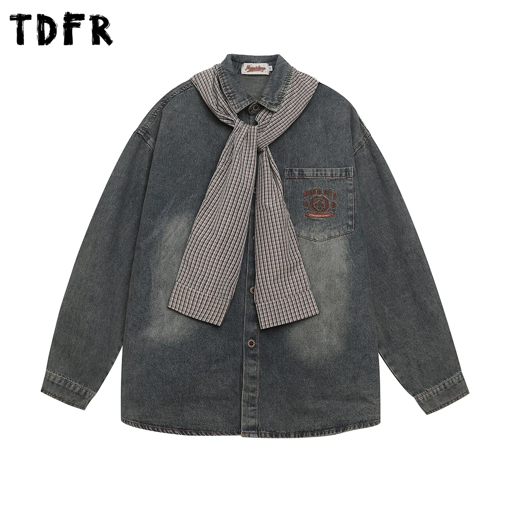

Patchwork Hooded Denim Shirts Mens Retro Washed Distressed Autumn Casual Loose Lapel Single Breasted Long Sleeve Shirts Man