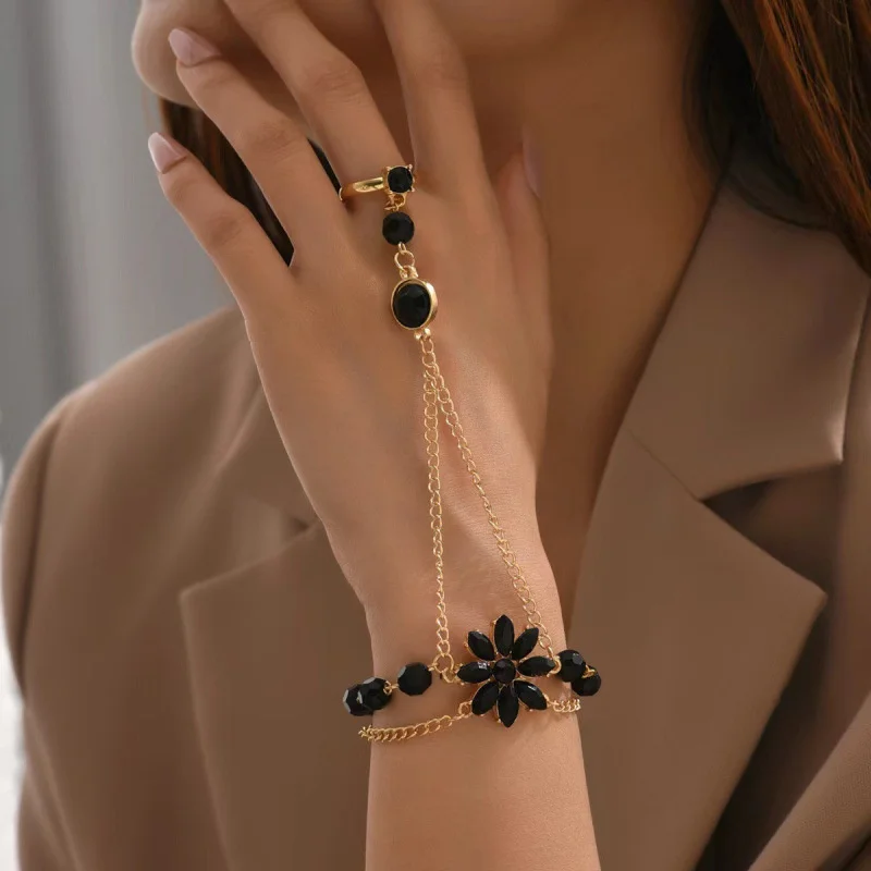 Edles Schwarzes Zirkon-Blumen-Verbindungsring-Armband für Damen, Rot-Grüne Blumen-Gliederkette, Party-Schmuck – Detail 4