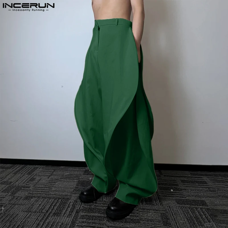 

INCERUN Men Irregular Pants Solid Color Joggers Loose Casual Trousers Men Streetwear 2025 Ruffle Fashion Leisure Male Long Pants