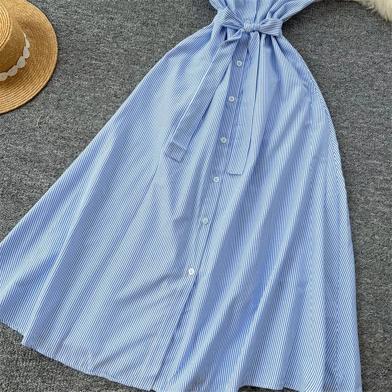 Damen Sommerkleid, neu, gestreift, mit Bindegürtel, schmal geschnitten, ärmellos, Midikleid, lässig, elegant, für Büro und Freizeit, mit Taschen, DR1970 – Detail 15