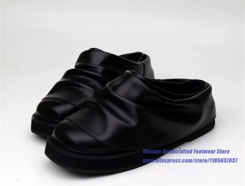 

Men's Black Soft Wrinkled Ruched Leather Mules Backless Slip-On Closed Round Toe Platform Flat Sole Casual Slide Slippers