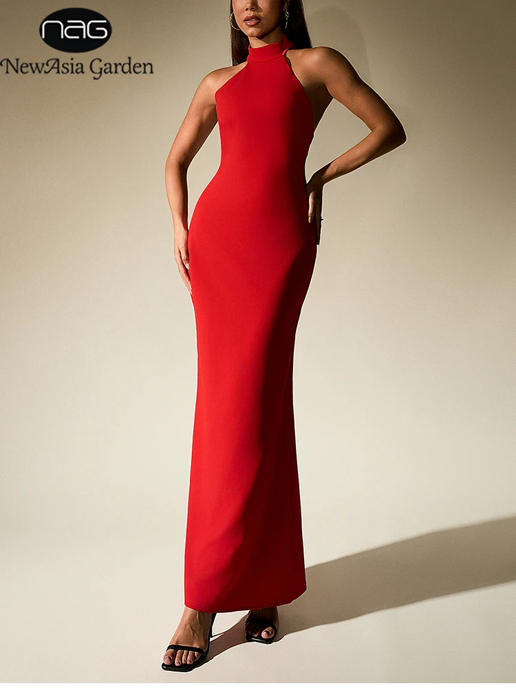

Новое женское красное макси-платье NewAsia с вырезом халтер, сексуальное, без спинки, облегающее, в пол, для вечеринок, элегантное, вечернее, для свадеб и клубов