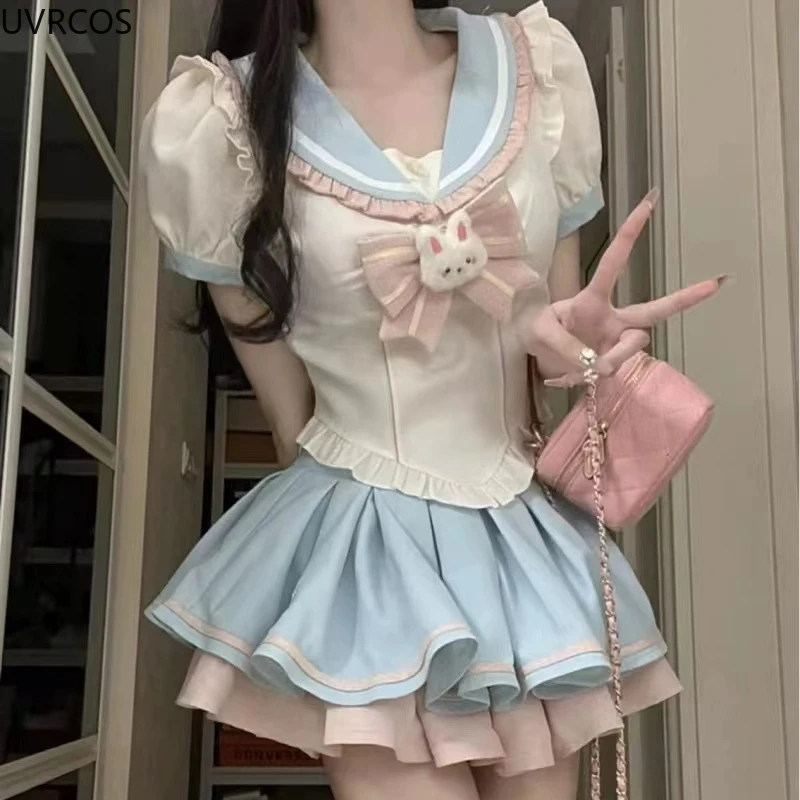 Blue Kawaii Y2k Women 2 Piieces Sets Sweets Bunny Bow Sailor Collar Shirt Top Mini Tutu Skirt Japanese Style Sexy Lolita Outfits