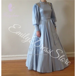 Sky Blue Satin Evening Dress Women Floor Length Beaded Long Sleeves Elegant Bridal Formal Ball Gowns Trend Pageant Dress