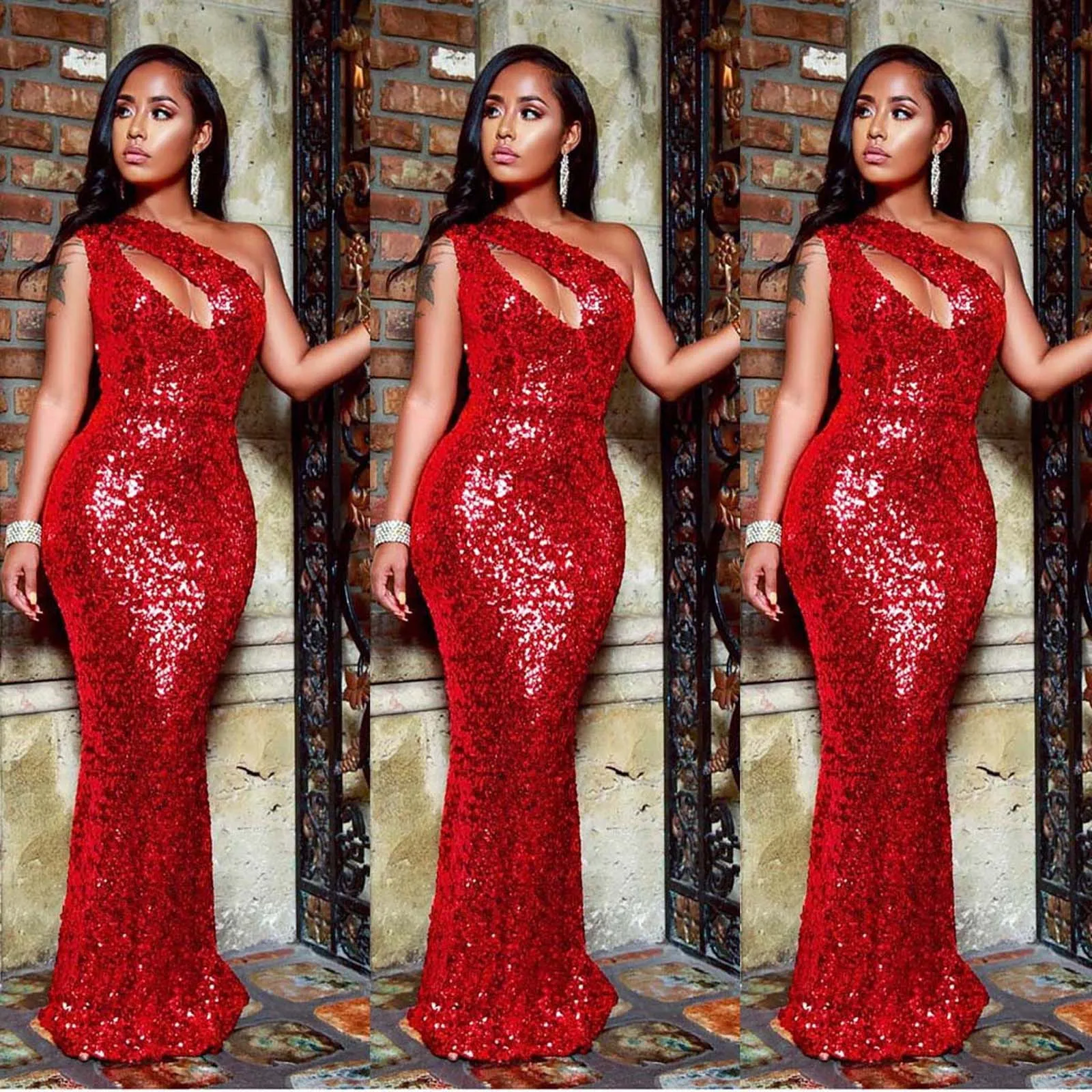 Women's Formal Dresses Elegant Glitter Sparkly Sequin Halterneck Hollow Out Bodycon Red Dress Vintage Maxi  Party Dress Vestidos