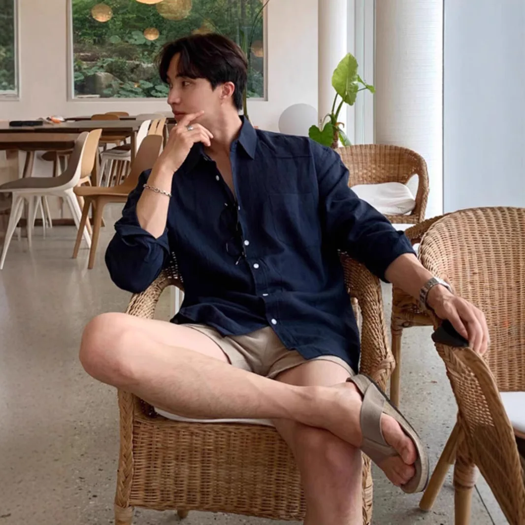 2026 Spring Summer Men's Linen Shirt Blouse Top Long Sleeve Button Down Workwear Jacket Outfit