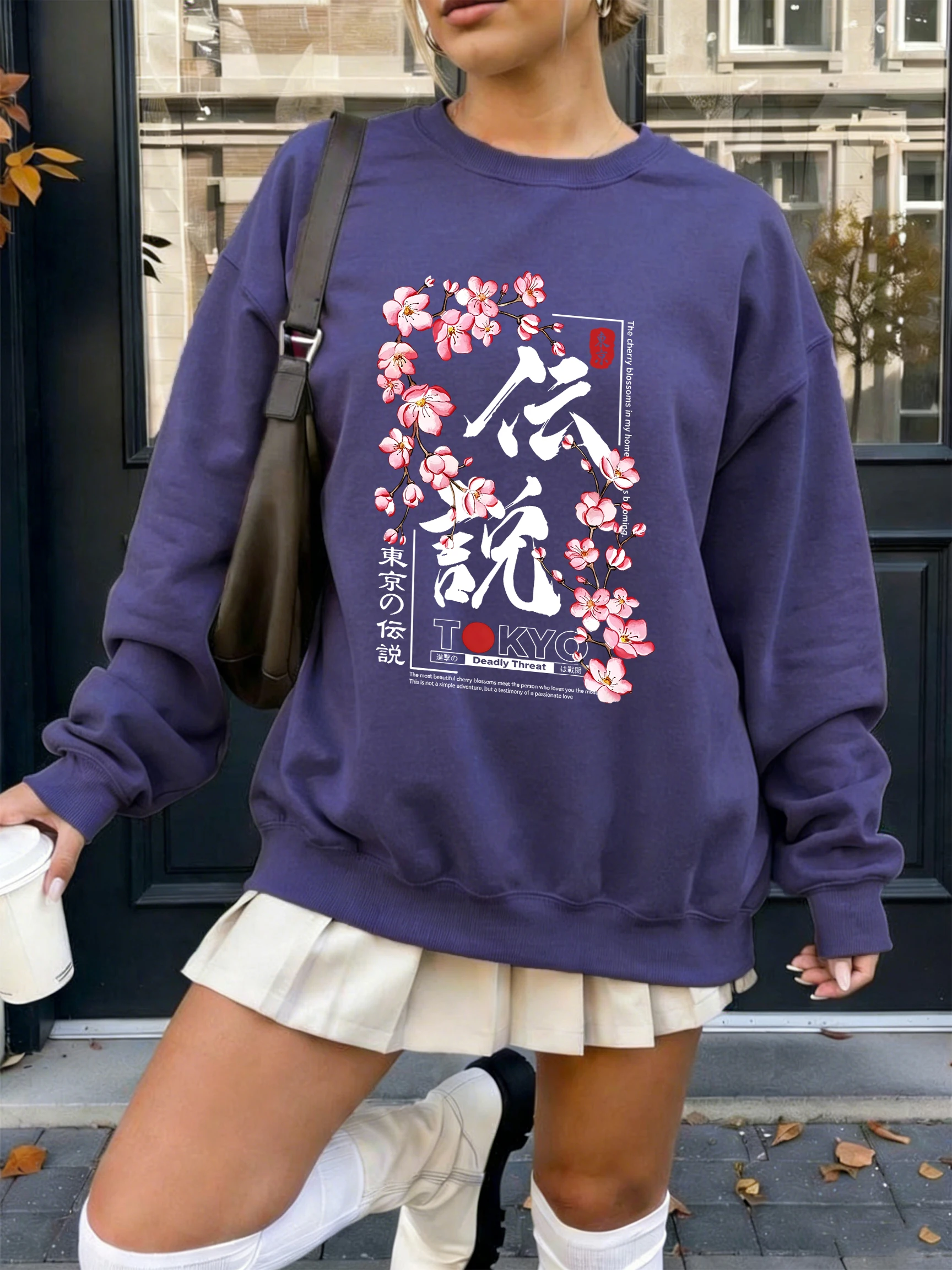Tokyo Legend Cherry Branch Printing Women Sweatshirt Fashion Loose Clothing Autumn Fleece Pullover Casual All-Match Sportswear