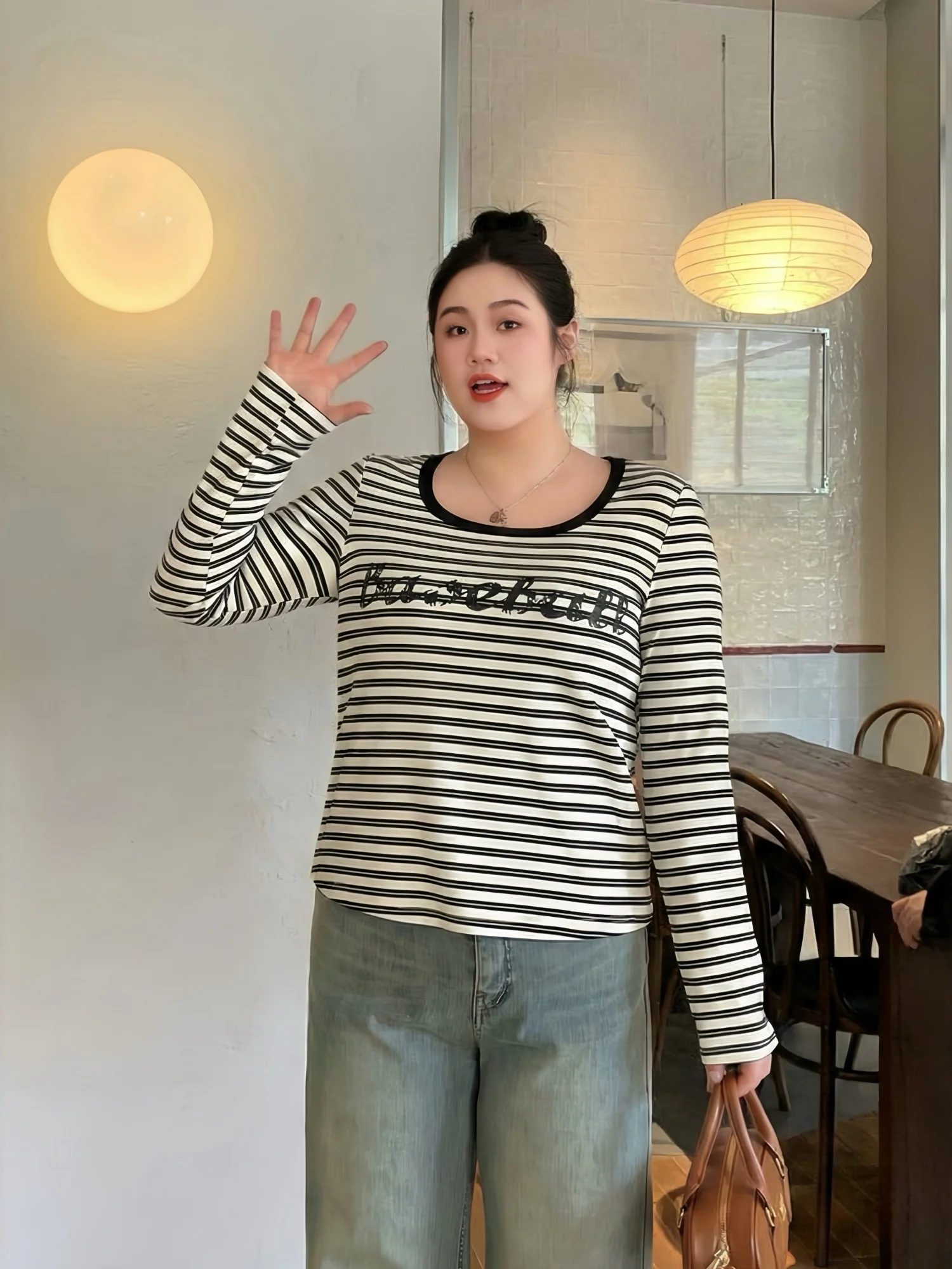 

plus Size Women's round Neck Striped Base Shirt Commute Style Inner Wear Top Trendy Autumn Winter Polyester Spandex Blend