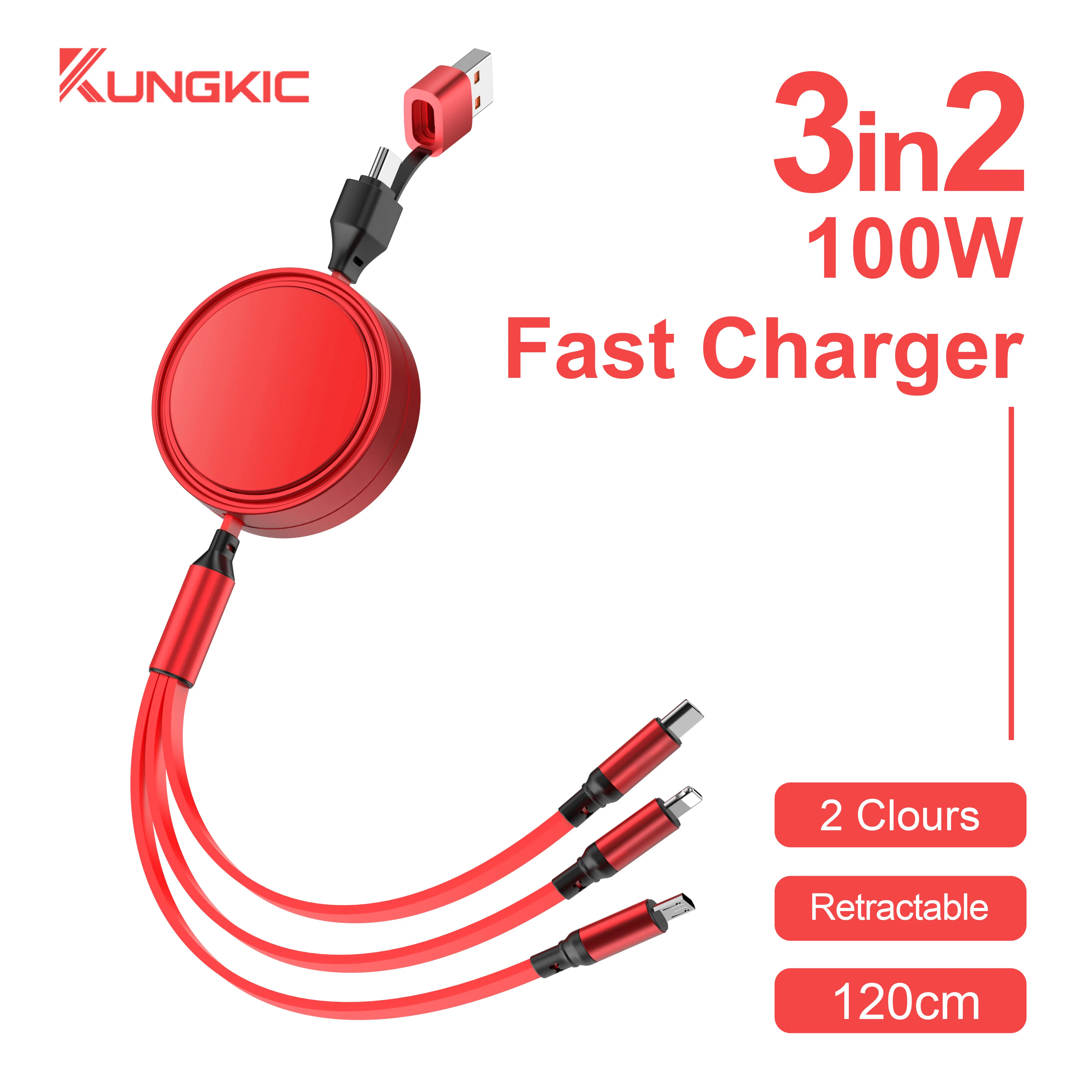 

3 in 2 USB Cable 100W Retractable, Smart Trickle Control, Fast Charger for iPhone, Type C 1.2m Stretchable Charging Wire