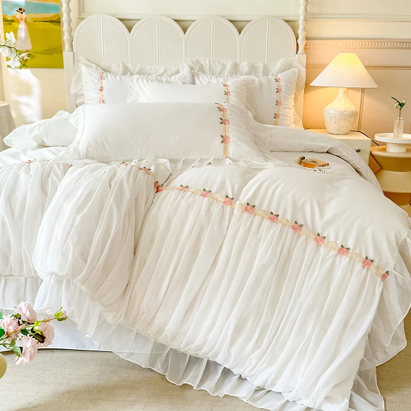 

White Lace Design Sanding Bedding Set Duvet Cover Linen Fitted Sheet Pillowcases Home Textile