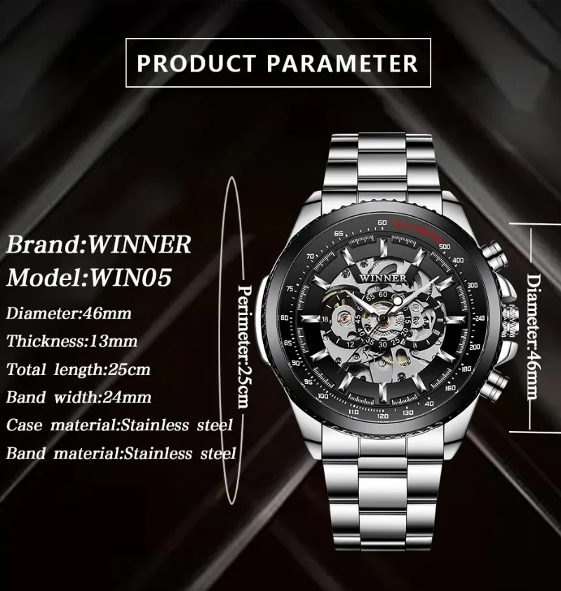 Winner Watch Men Skeleton Watches Full Stainless Steel Automatic Mechanical Sport Business Wrist Watches Men Relogio Masculino