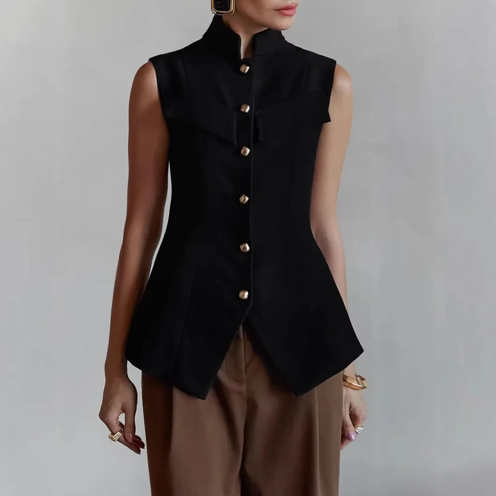 

Spring and Summer Women's Stand Collar Vest Elegant Solid Color Slim Fit Single Breasted Side Slit Design Sleeveless Casual Top